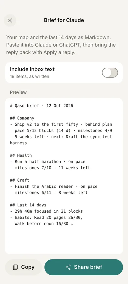 Brief for an assistant: your map and the last 14 days as Markdown, with Copy and Share